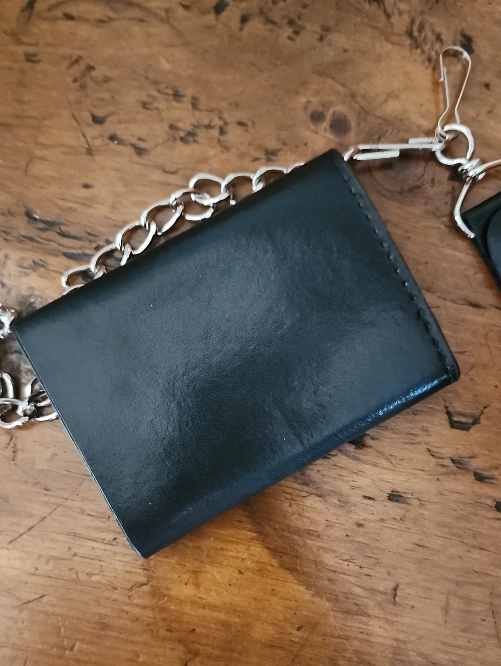 Tri-Fold Leather Black Punk Skull Chain Wallet with Key Strap